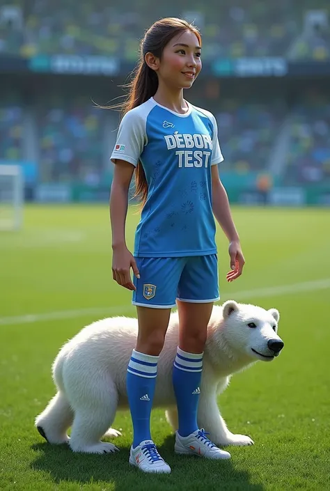 A soccer uniform 
With the name Débora test with the colors blue and white with a polar bear as a pet and a soccer field 