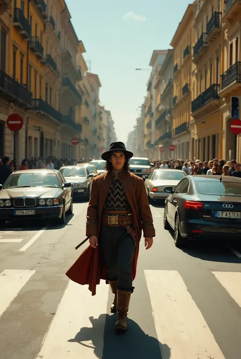  picture-style image of Murillo , young, crossing a crosswalk ,  on a road full of cars