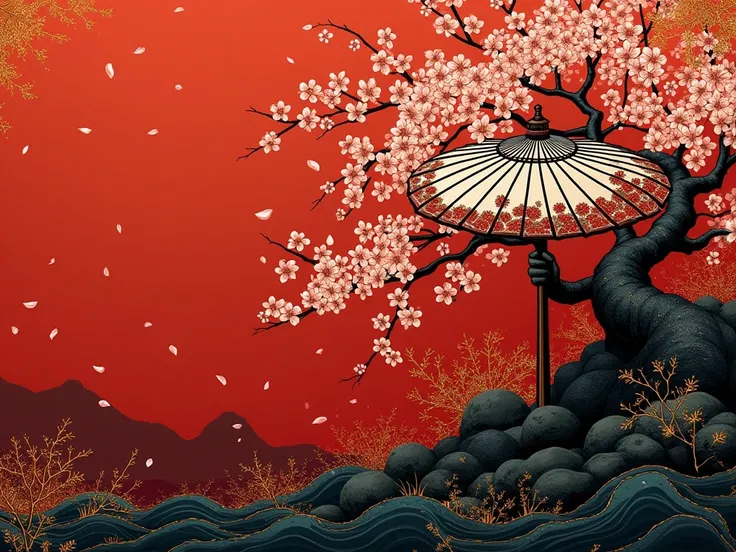  traditional Japanese ukiyo-e style illustrations 。 The background is designed based on deep red and black, and 、 depicts falling cherry blossom petals dancing in the wind 。中心には美しく装飾された和傘が斜めに描かれており、The pattern on a Japanese umbrella has delicate cherry blo...