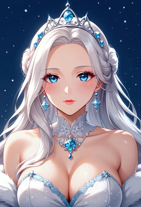 The Snow Princess has white hair and sparkling blue eyes. beautiful face Wear white at night