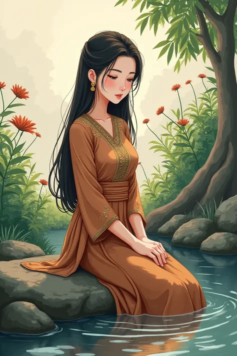 A woman wearing a vintage Thai dress in a brown dress sitting at a stream is an anime image