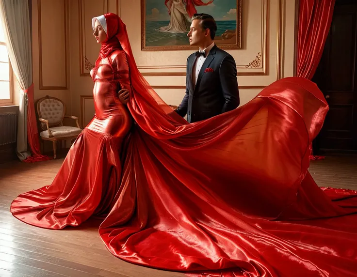 A man with suit kiss a woman who shrouded in a 10-meter-long, plush red transparent satin shimmer cloth, tightly bound and grandly draping along the form of her body, flowing off into a pooled floor-length train, styled in a mermaid-inspired outfit, her he...