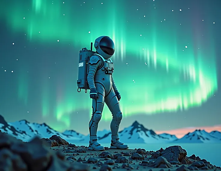 Astronalta with the visor reflecting an aurora borealis