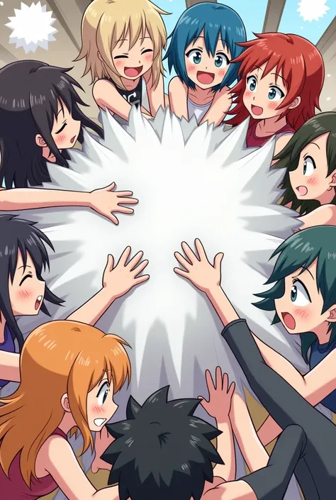 An anime-style comic depicting many girls and boys playfully wrestling with each other inside a room comical fight cloud.
each girl and boy has different  colored hair.
their faces,hands,and feet are visible emerging from the cloud as they tussle humorousl...