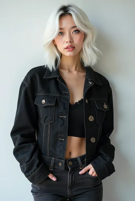 Ultra Realistic photography,: " Create a visual representation of a stunning 20-year-old Japanese woman ,  that radiates elegance and style . Envision her dressed in a white top paired with a Black denim jacket  and jeans,  highlights her fashion sense .  ...