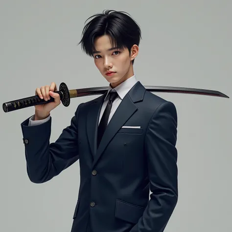  high definition , masterpiece,  Anatomically Correct,male,young, black hair,Short Hair,suit, comments,Navy Blue, holding a Japanese sword in his hand 