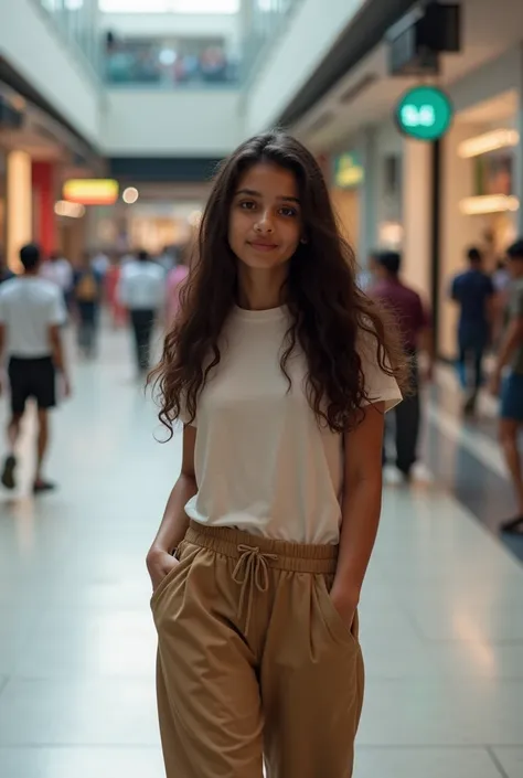 
"A realistic full-size image of a 15-year-old Kerala girl, captured in Lulu Mall, Kochi, from the side of the mall. The girl has long, dark brown hair, styled in loose waves, and a warm brown skin tone. She is wearing a casual yet trendy outfit—baggy pant...