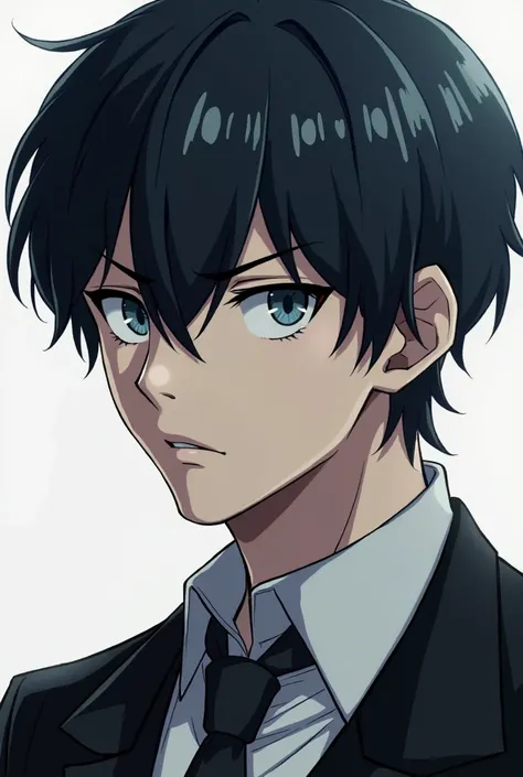 anime, Male, lean, black short hair, bangs that cover forehead, blue eyes, pale skin,scowl