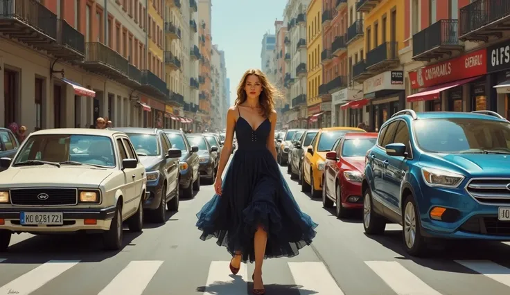 a painting by Murillo of a young woman crossing a pedestrian crossing, on a street full of cars .