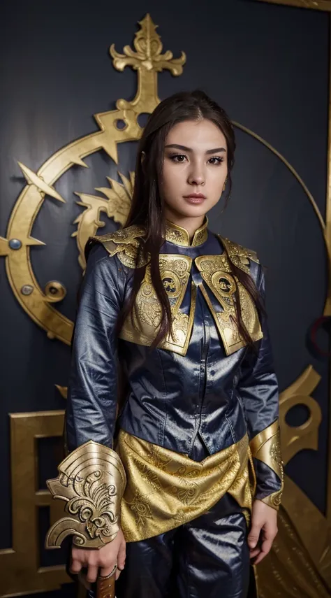  A woman in a blue and gold suit holding a sword, extremely detailed  Germ of Art,  Germ of Art.  high level of detail ,  Germ of Art detailed, full body Xianxia, portrait  girls knights of the zodiac ,  Germ of Art style,  girls knights of the zodiac ,  A...