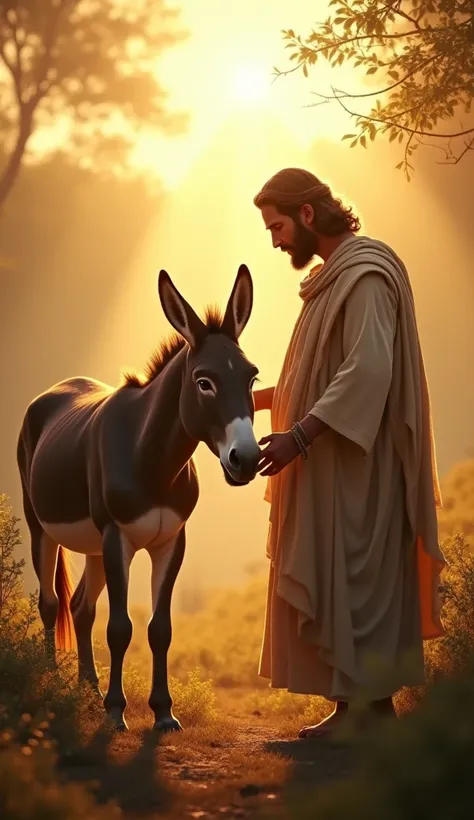 A hardworking donkey, carrying a small load, stands next to Jesus in a peaceful landscape. Jesus, with a calm and compassionate expression, is standing beside the donkey, offering a gentle touch on its back. The scene is bathed in golden sunlight, with a s...