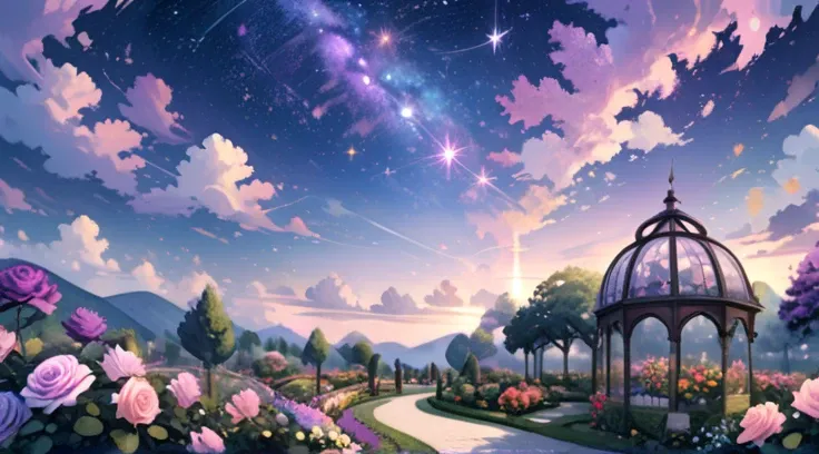 Rose Garden, pastel purple, Flower garden, The sky is violet-blue, Theres a full sky star ,  high resolution ,  flickering light 