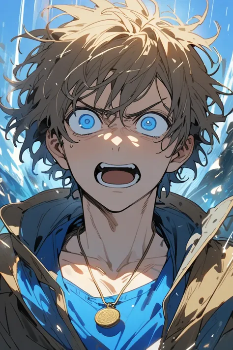 A bright blue light emerged from the medallion around Adventurer neck, boy, messy short hair, male, shock face