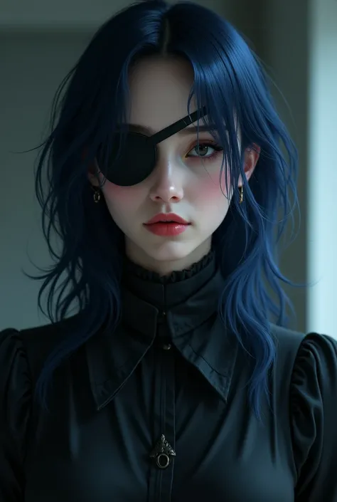 make a woman with loose dark blue hair Caitlyn Kiramman, black blouse that has a high collar, has an eye patch on her right eye, serious face, Jennie from Blackpink, CAITLYN KIRAMMAN FROM ARCANE