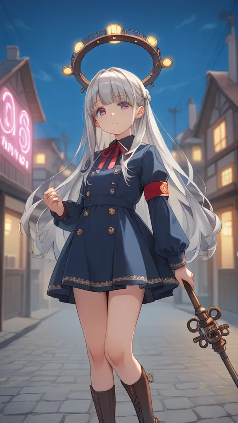  pretty girl　　 Silver Hair　nightの街　 steampunk 　night　Metropolis　Feminine body 　Moe art　 Japanese Anime　Baby Face　Even younger　さらにBaby Face　　With a slightly young face　Steampunk
Standing pose　uniform　Dignified　Long straight hair　Holding a two-handed staff　　...