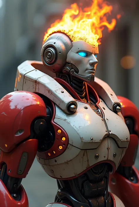 A hyper-realistic, adult reinterpretation of a humanoid robot inspired by the fiery theme of the original design. The character features a mature and imposing appearance, with a robust build and enhanced details that highlight its mechanical nature. The bo...