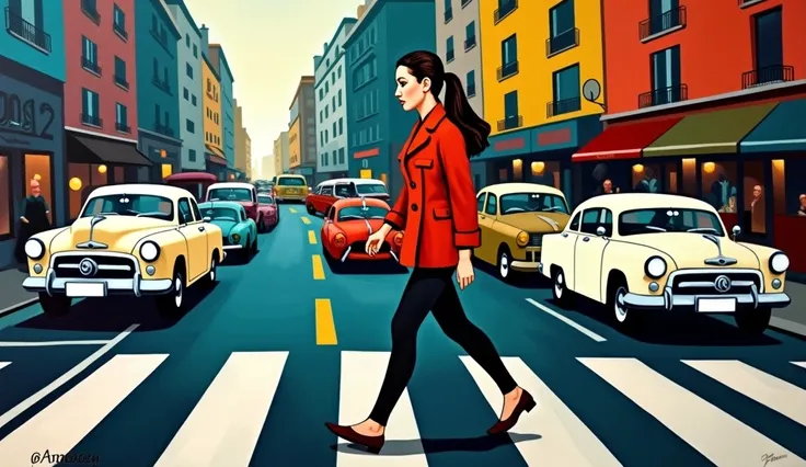 a Picasso painting of a young woman crossing a pedestrian crossing, on a street full of cars .