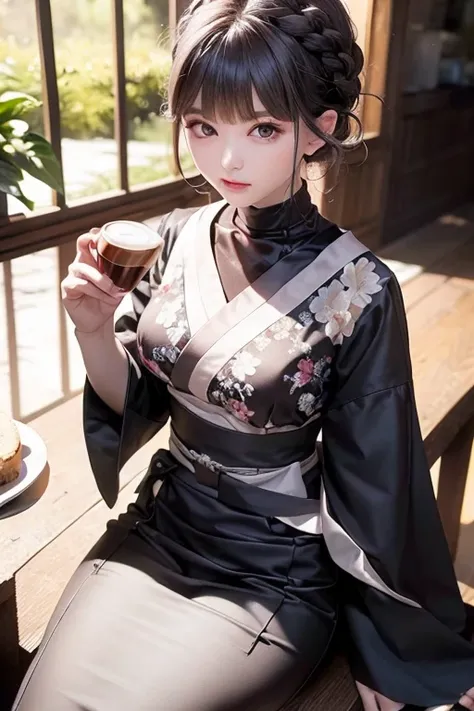 (from above:1.2,Best Quality),a girl , kimono uniform,silver color hair,Purplish  blue eyes that dreamers desire, small stature, medium tits , Lori face, (masutepiece:1.2, Best Quality), (finely detailed beautiful eye: 1.2), (beautifull detailed face), (pe...