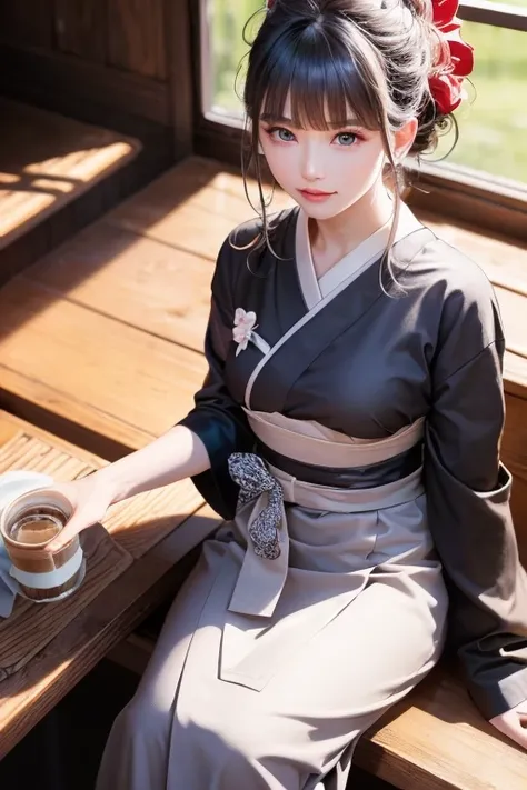 (from above:1.2,Best Quality),a girl , kimono uniform,silver color hair,Purplish  blue eyes that dreamers desire, small stature, medium tits , Lori face, (masutepiece:1.2, Best Quality), (finely detailed beautiful eye: 1.2), (beautifull detailed face), (pe...