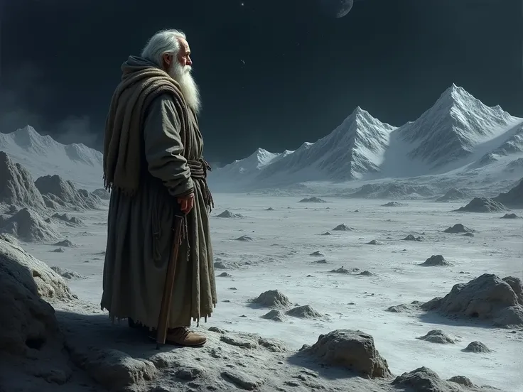 Lunar landscape, old man and mountains in the distance