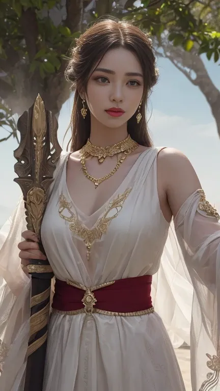 8K, Ultra HD, realistic Color, ​masterpiece, 1 girl, Luminous glowing Eyes, detailed red lips, ultra long brown hair, ( white silk robe:1), bare waist, (jewellery:1.5), Indonesian female warrior wearing a battle armors carved with the majestic Garuda on he...