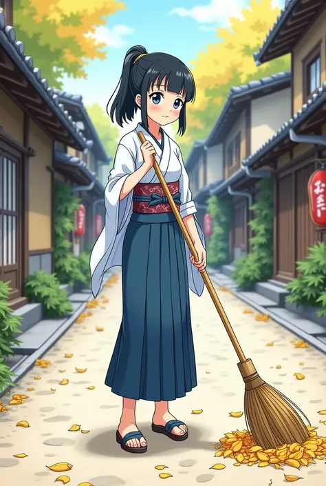  On the street of tenement houses from the Edo period, 、[An indigo kimono and a silver belt ]Wearing[ cute woman]Sweeping fallen leaves while holding a bamboo broom、 anime style　２ｄAs a coloring book、Simple Line、 no grayscale 、 without shading、 cute、Simple ...