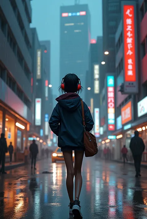 Dark-skinned teenager with headphones, jacket and hands in her pockets walking in the city of Tokyo, raining.