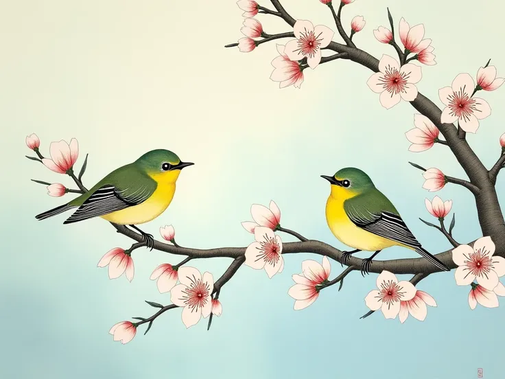  in a traditional Japanese ukiyo-e style 、 draw a warblers perched on a plum branch 。 add light sky blue and haze to the background 、Expressing the atmosphere of spring 。 plum blossoms are drawn in detail in white and light pink 、 The branches express the ...