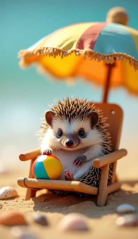 A hedgehog curled up on a mini beach chair under a tiny umbrella, holding a toy beach ball