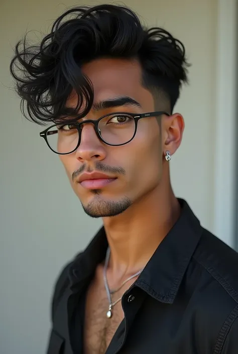 A tanned guy, with soft facial features, without beard, black messy fluffy hair and black deep eyes, he is toned body, and he uses a compressed shirt, he uses glasses and piercings