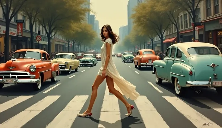 a painting by Salvador Dali of a young woman crossing a pedestrian crossing, on a street full of cars .