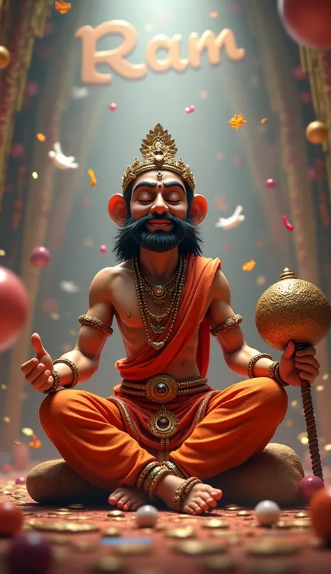 Indian god hanuman, wearing Indian traditional dress with a round, big mace in his hand.  Music vibes and logos everywhere. Hanuman is meditating with joy. Ram name is clearly written in the background. Music everywhere. Generate ultra 4 k image. Ultra hd ...