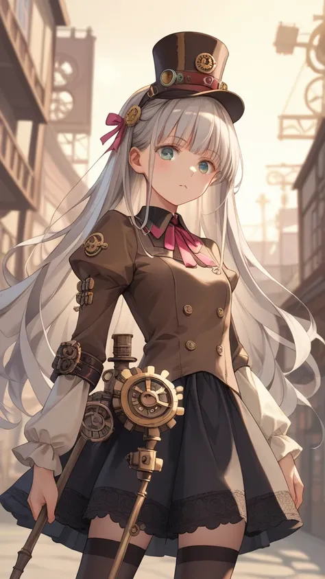  pretty girl　　 Silver Hair　nightの街　 steampunk 　night　Metropolis　Feminine body 　Moe art　 Japanese Anime　Baby Face　Even younger　さらにBaby Face　　With a slightly young face　Steampunk
Standing pose　uniform　Dignified　Long straight hair　Holding a two-handed staff　　...