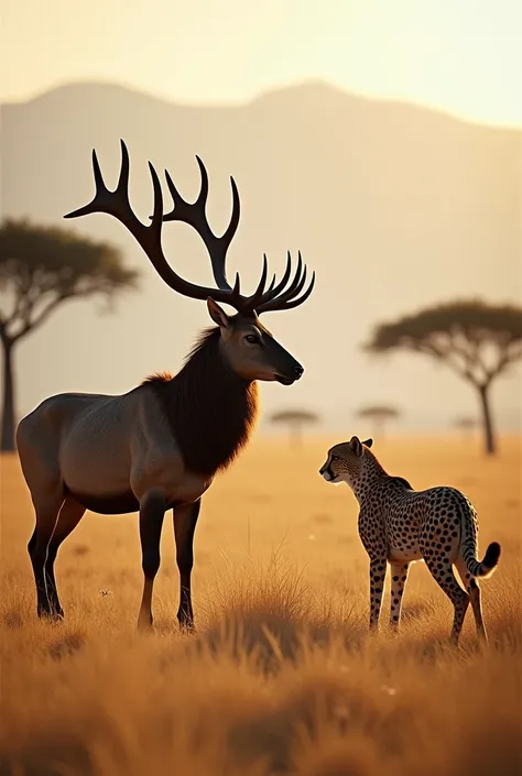 "A detailed and realistic depiction of a dramatic encounter in the wild: a majestic stag with large, intricate antlers standing tall, facing a sleek and agile cheetah. The scene is set in a golden savanna during the late afternoon, with soft sunlight casti...