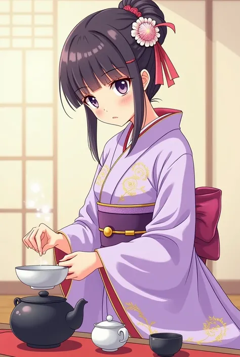 伝統的な茶室で、[ light purple kimono embroidered with gold thread]Wore[ beautiful woman]but、 quietly brewing tea in a traditional tea room 。 anime style ２ｄAs a coloring book、Simple Line、 no grayscale 、 without shading、 cute、Simple lines, clear lines on the backgr...