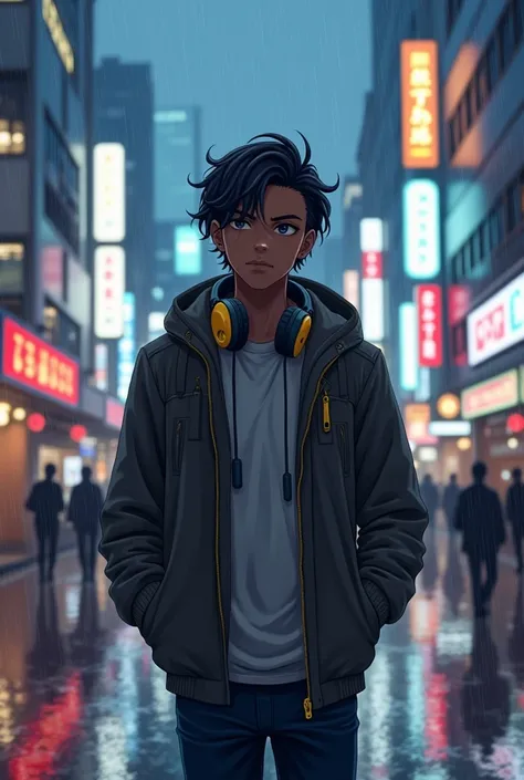 African-American male teenager wearing headphones, jacket and with his hands in his pockets walking in the city of Tokyo, raining anime.