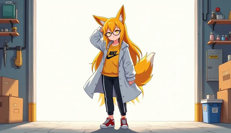 Yellow-haired young woman with yellow fox ears with 2 yellow tails yellow-eyed in white scientists coat with yellow Nike sweatshirt with Nike Jordan sneakers with black Adidas pants with round and cute glasses with a slightly exhausted forearm on her foreh...