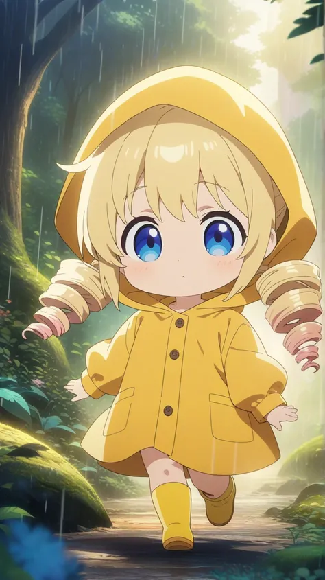 a blonde , blue eyes, twintails, drill hair, wearing a yellow raincoat, Wearing a hood, yellow rain boots, walking in a rainy forest, rain with clouds, colorful fantasy forest, chibi character, landscape orientation, anime, illustration, masterpiece, best ...