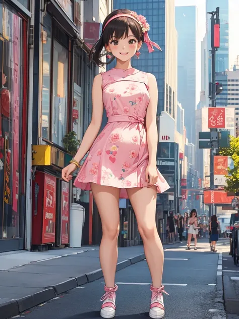 masterpiece、 high definition 、1 Girl、One person、whole body、woman、 bright smile、blush、Mid-chest、 skinny、 real、20th Generation、Retro clothing、sleeveless floral tight mini dress、 Heart Earrings 、 headband、Thick-soled shoes、1960s cityscape