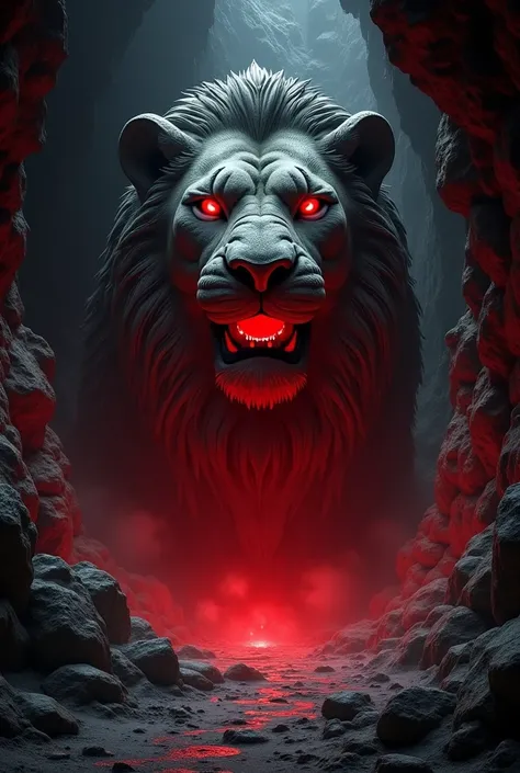 Dark night sky ,Red-glowing lion stone head cave