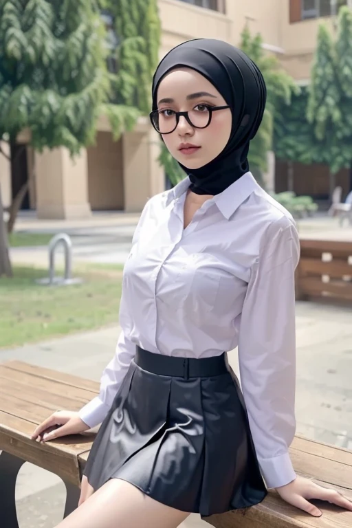 ((( masterpiece ))), (((best quality))),  1girl ,  black hijab in collar ,  SMPGirl , grabing-breast-from-behind , (( pskbgirl shirt )),  form fitting , red glasses,  sitting on the table , (( lifts her skirt and exposes her pussy)), typing, laptop,  print...