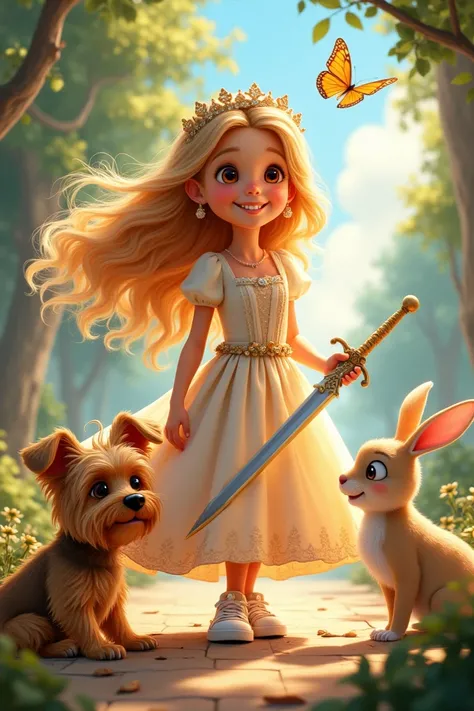 A girl with brown eyes, blonde hair, smiling, princess clothes and sneakers, has a sword in her hand and a yorkshire dog on the side and a cute rabbit on the other, and butterflies flying in the classic Disney 2D style