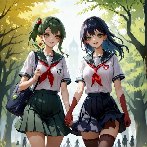 Two zombie schoolgirls hold hands, smiling joyfully. Their stitched hands emphasize their zombie charm. The characters are drawn large, with a blurred background to highlight them. Their skirts flutter, adding a sense of movement to the scene