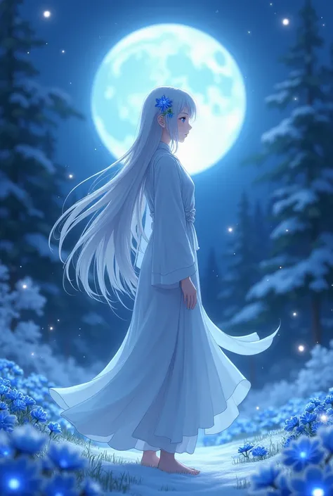  female , anime, white hair, blue eyes,blue  Higanbana hair pins,Long hair straight,snow moon light firefly  blue higanbana background,monk,full body