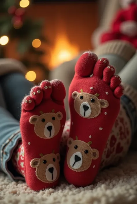 I want to create an image of the feet of daddy mom and a  baby wearing Christmas stockings with a bear motif