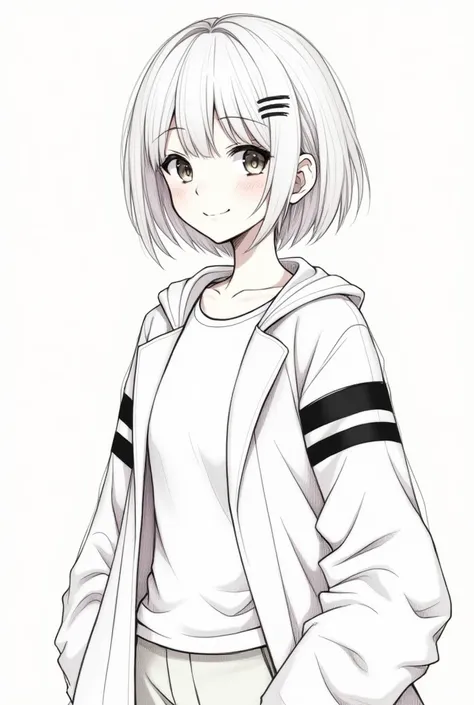 a sketch style, a beautiful short haired girl is smiling, she is wearing a white jacket with two black stripe from the shoulder to the wrist, She is wearing a white collar t shirt under the jacket, the jacket is opened in the middle