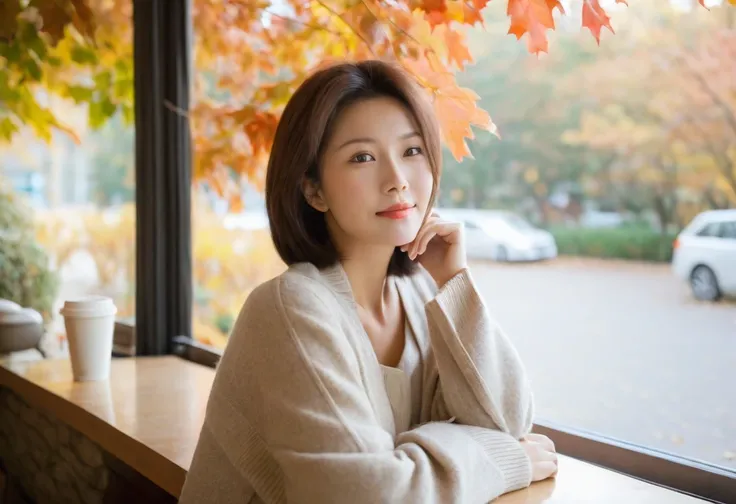  A beautiful Korean woman in her 50s (  charming gaze ),  Natural skin texture , Shoulder-length brown hair ,  Soft luxury sweater in pastel tones,  wears a light scarf around her shoulder.  warm lighting.  The scenery of autumn leaves outside the coffee s...