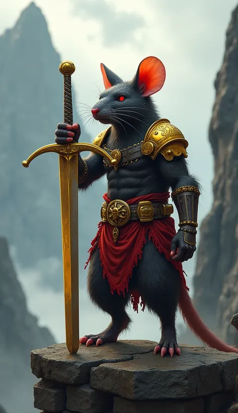 Diffused overhead lighting, The atmosphere is intimate and personal, Vivid Kodak EasyShare color profile, Professional grade photograph, amateur photo with bad qualityA digitally drawn anthro rat stands poised on a ledge, holding a sharp sword in golden ar...