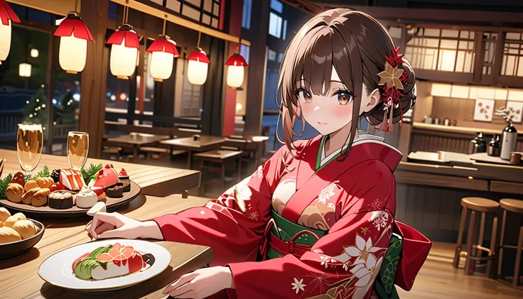 (Highest quality, 4K, 8k, High resolution, masterpiece:1.2), Very detailed, Picturesque, Anime style photo, Photo Anime:1.37)、A beautiful Japanese woman, kimono, 
brown hair, christmas night cafe, whole body