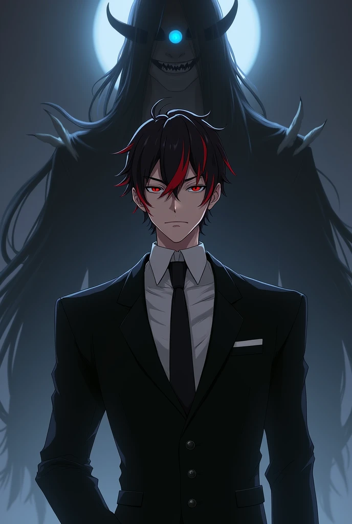 Create a image of a anime character with red fringe and black hair in black suit with a demon shadow with blue eye, the character is a man